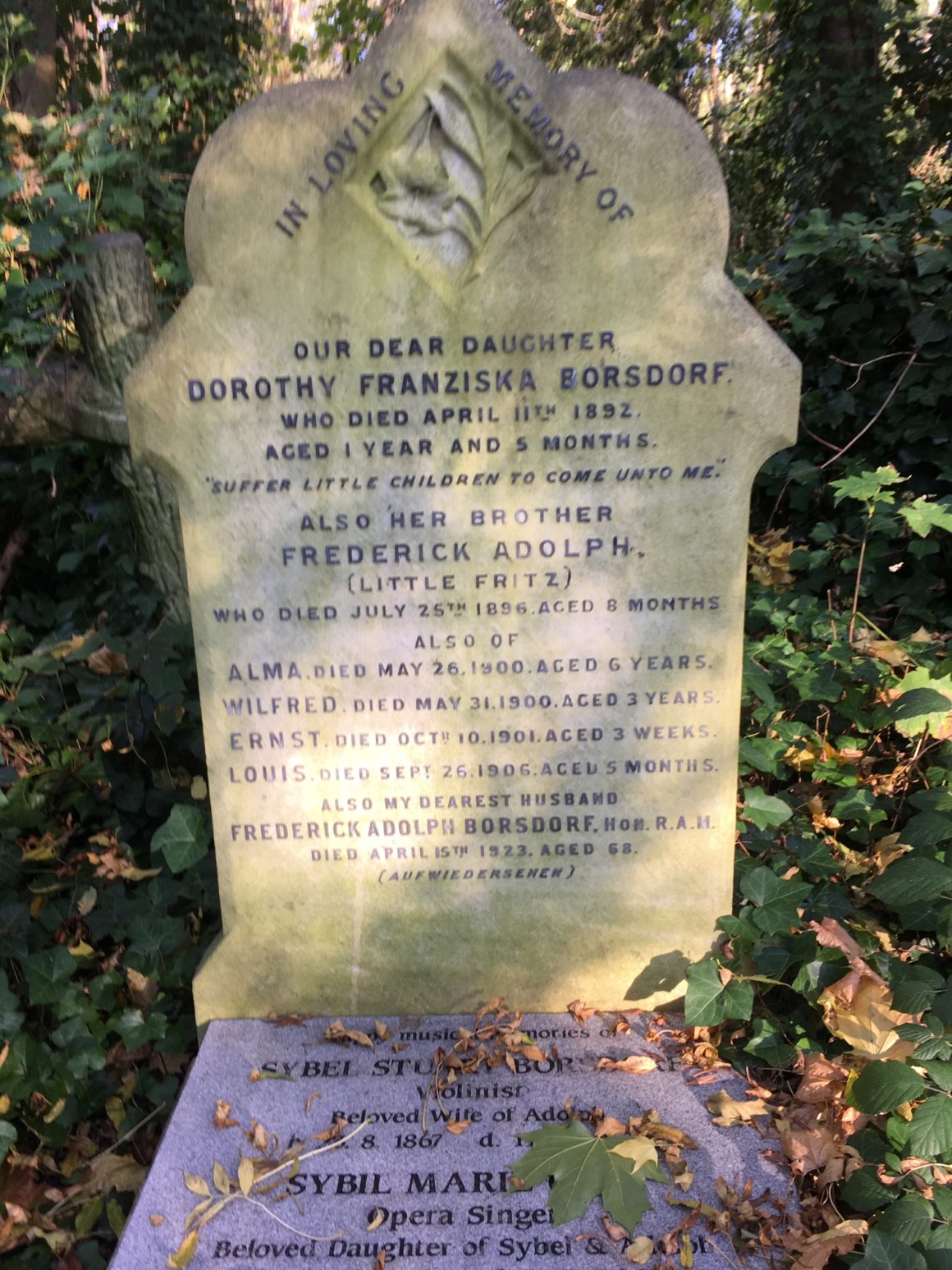 A weathered headstone at Highgate Cemetery